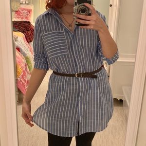 Blue white stripped linen button down tunic shirt